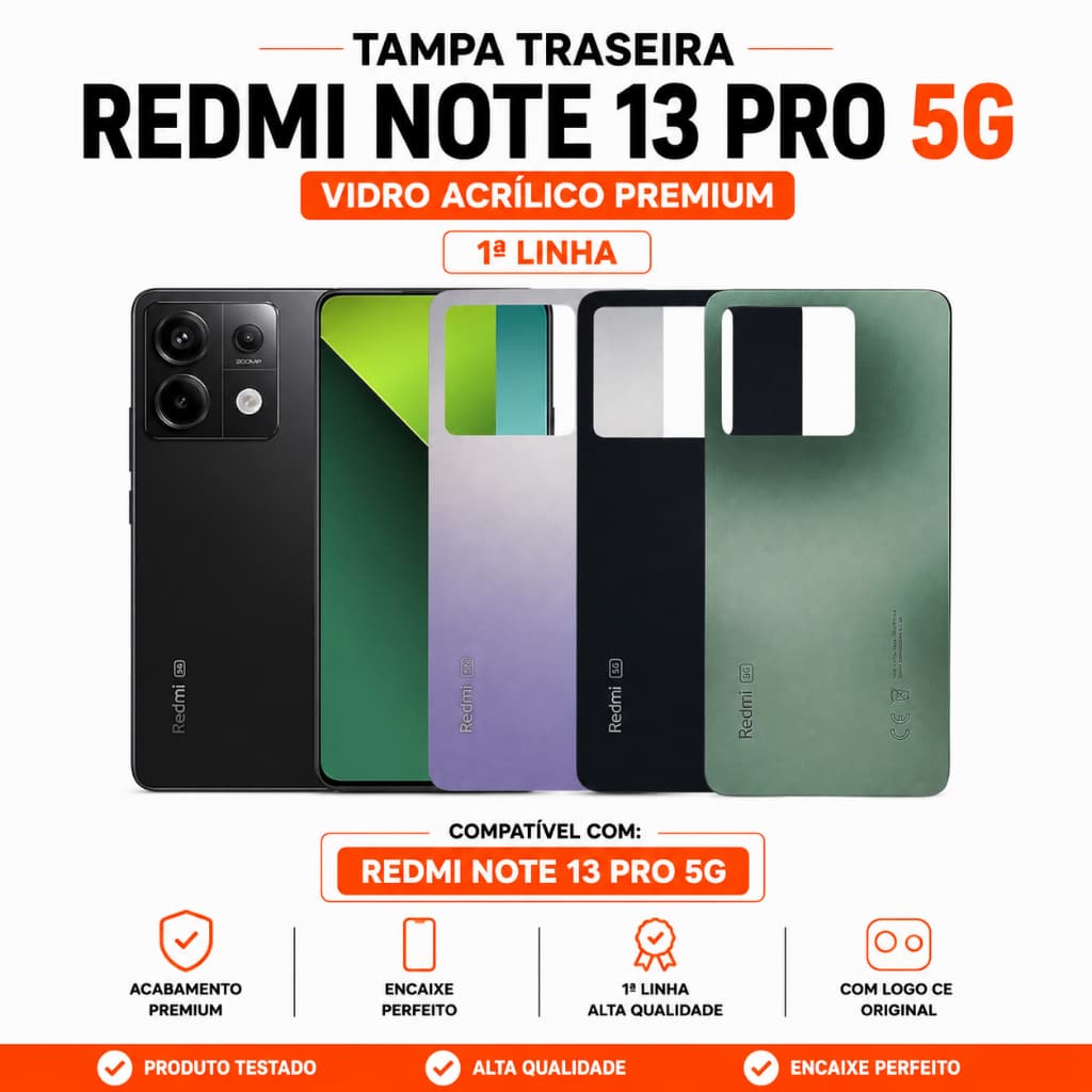 Tampa Redmi Note 13 Pro 5G Traseira  1ª Linha Vidro Acrílico Premium Capa de Trás Carcaça C/ Logo CE