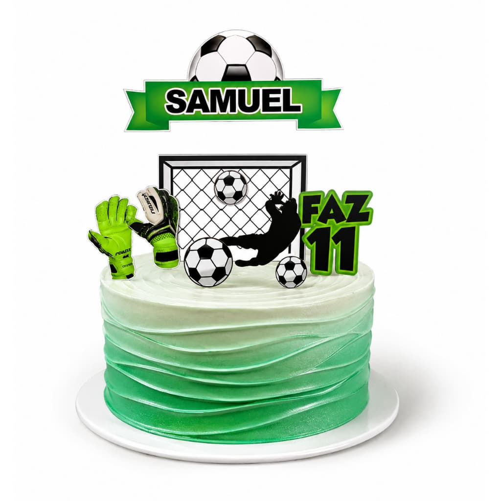 Topo de Bolo Goleiro Personalizado Nome e Idade Topper de Bolo Futebol Menino Luvas e Trave Aniversário