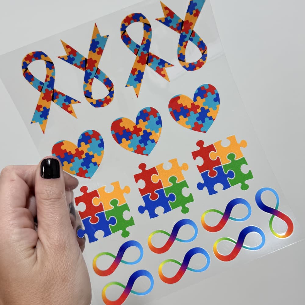 Cartela Adesivo DTF UV Conscientização Autismo TEA Para Copo Caneca Caderno