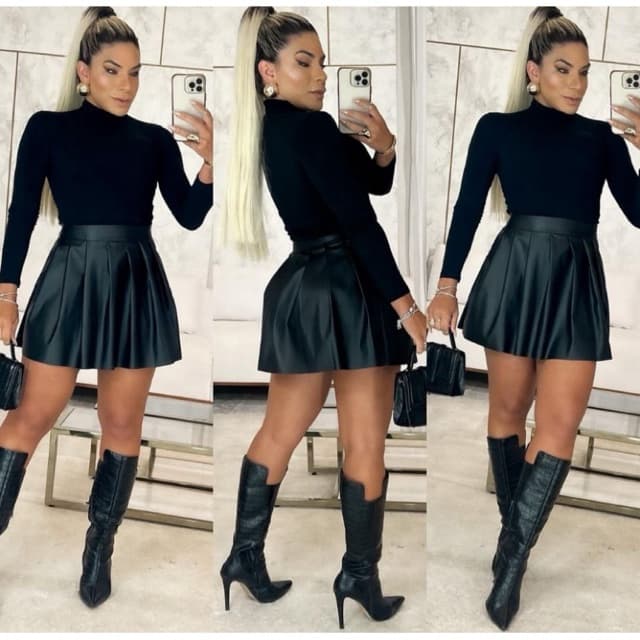 Mini Saia Feminina Plissada Cintura Alta Colegial Couro Fake zíper Lateral /Tendência Moda Feminina Balada