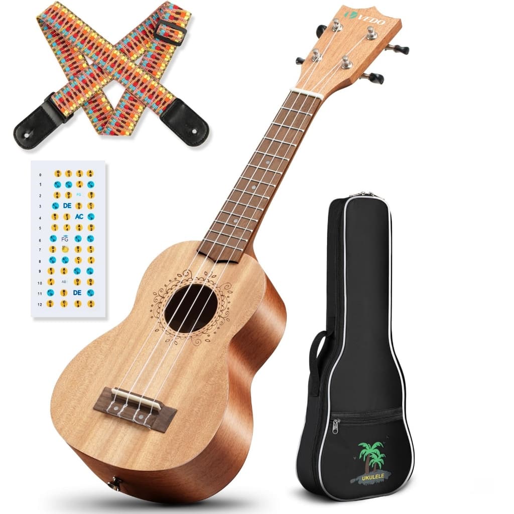 Kit de ukulele de soprano para iniciantes em mogno, 21 polegadas, com capa, alça e adesivo grátis.