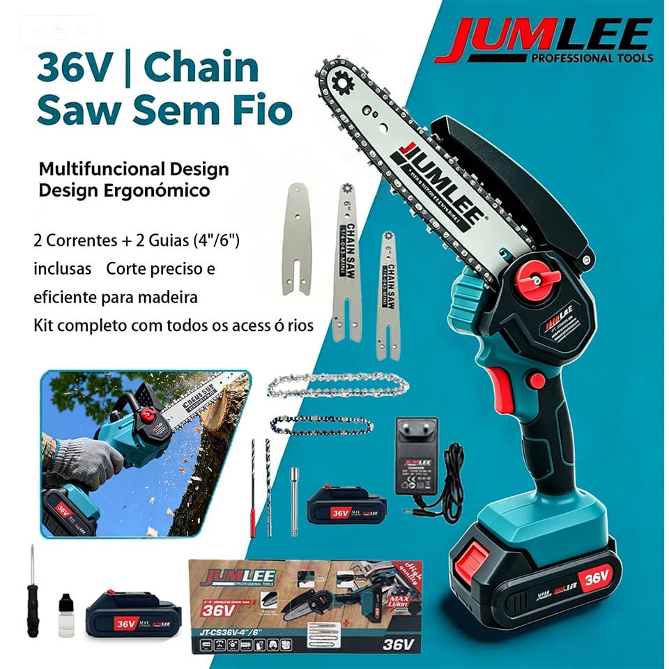 Mini Motosserra Elétrica 36V Kit 2 em 1 Sabres 4" e 6" Sem Fio Recarregável Bateria 6000mAh Profissional para Poda