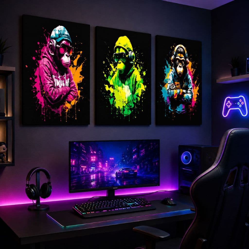 Kit 3 Quadros Gamer Macacos Coloridos Neon Decoração Quarto Setup Gamer MDF