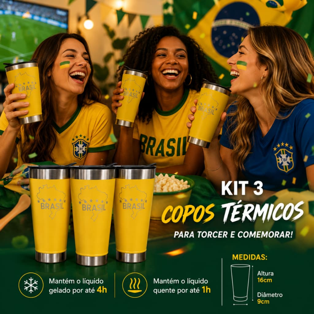 Kit 3 Copos Térmicos 473ml Verde, Azul e Amarelo.