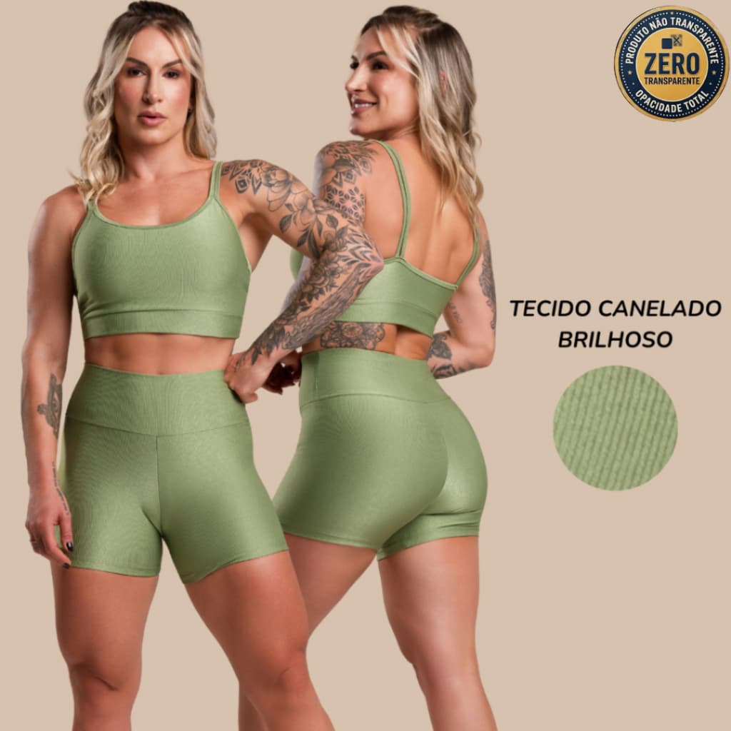 Conjunto Fitness Feminino Canelado Brilhoso Academia Top Alcinha e Short Liso Básico Cintura Alta Brilho Moda RIQ Modas