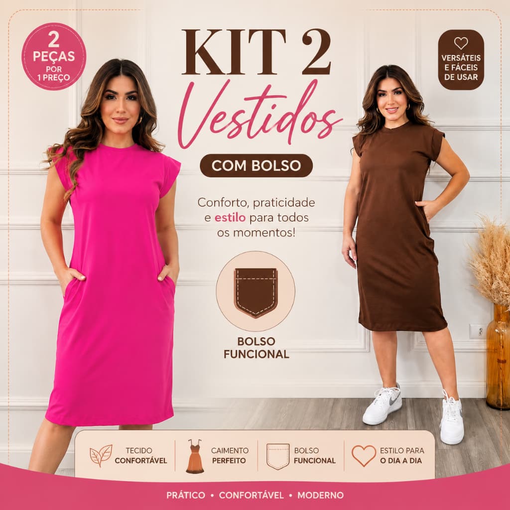 Kit 2 Vestidos Midi Algodão Premium Feminino com Bolso • Muscle Tee Conforto • Look Casual e Elegante