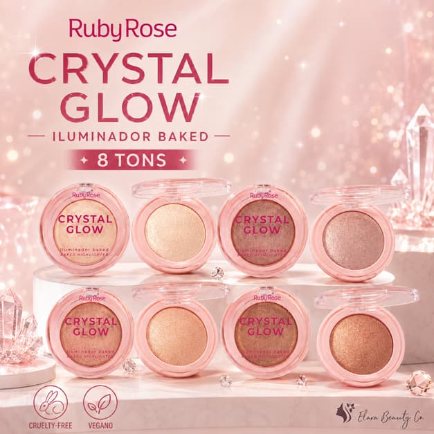 Iluminador Ruby Rose Crystal Glow Baked Glow Espelhado Alta Pigmentação Maquiagem Facial Brilho Radiante