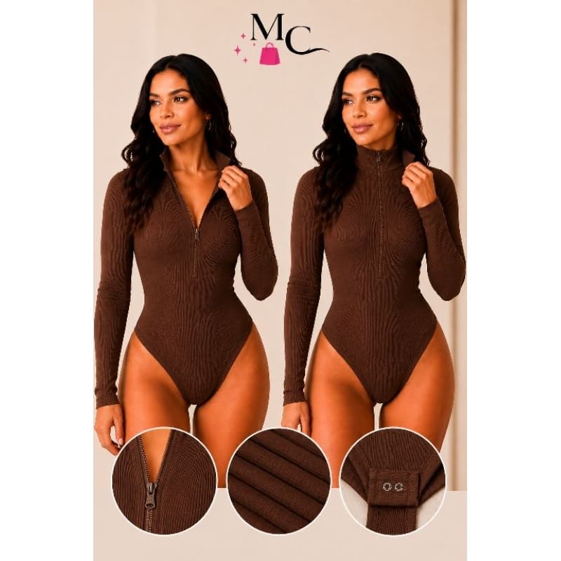 Body feminino canelado manga longa com zíper frontal gola alta,elegante,  inverno,  feminino moda feminina