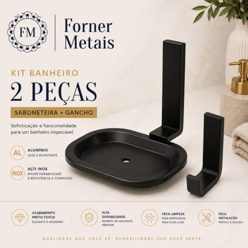 Kit Cabide e Saboneteira Preto Fosco/Kit Acessorios para Banheiro Gancho e Saboneteira