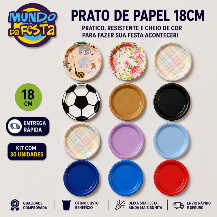 30 Pratos de Papel Descartável Biodegradável 18 cm Festa Aniversário Decoração