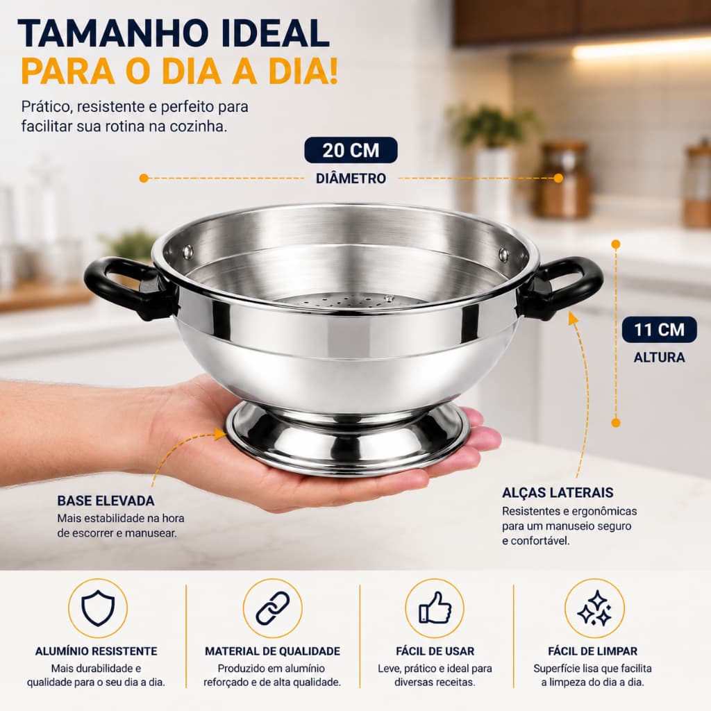 Escorredor De Alimentos Alumínio 20cm Com Alças Macarrão Verduras Frutas