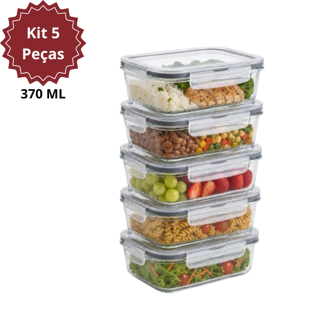 Kit 5 Potes Herméticos Retangular 370ml de Vidro C/ 4 Travas