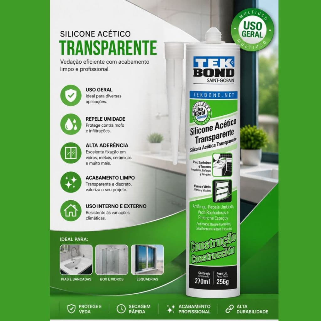 Silicone Transparente Acético Incolor - 256g Tekbond