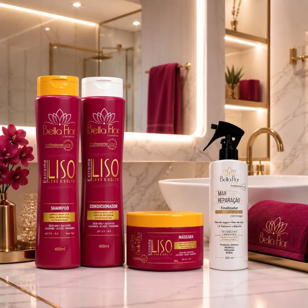 Kit Capilar Liso Extreme e Max Reparação 4 Produtos Shampoo Condicionador Máscara Reparador de Pontas Bella Flor