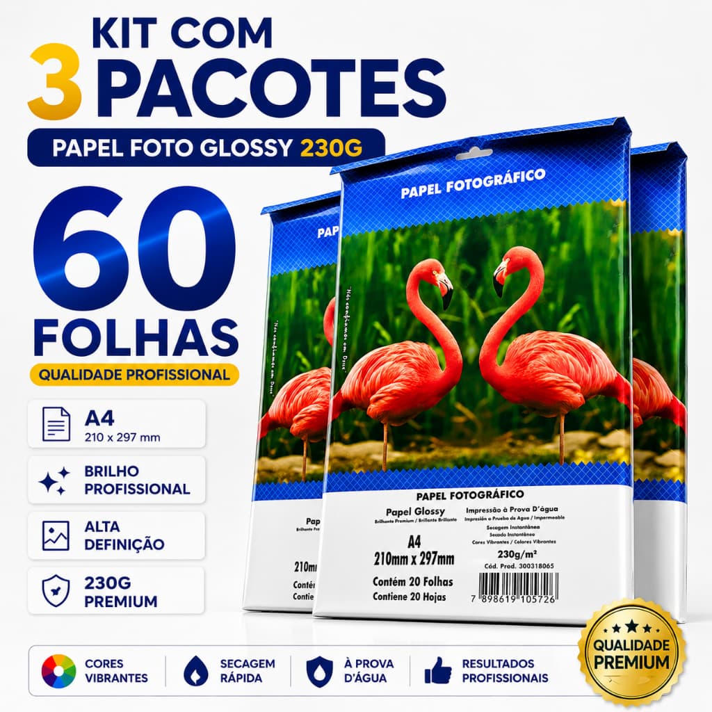 Papel Fotográfico A4 230g Glossy Brilhante Foto HD Alta Definição 60 Folhas