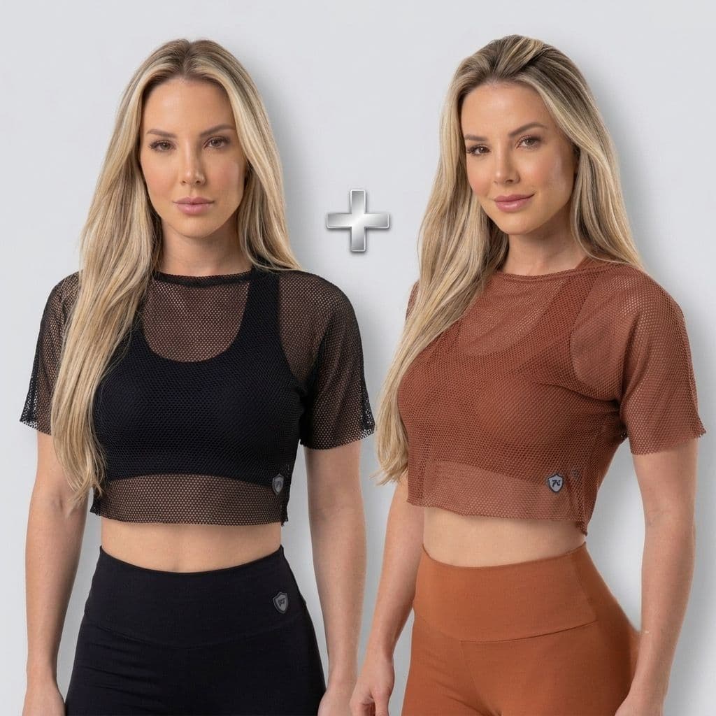 KIT 2 BLUSAS FEMININA PRETO MARROMTELA TULE TELA TRANSPARENTE  ACADEMIA FITNESS TREINO SOBREPOSIÇÃO