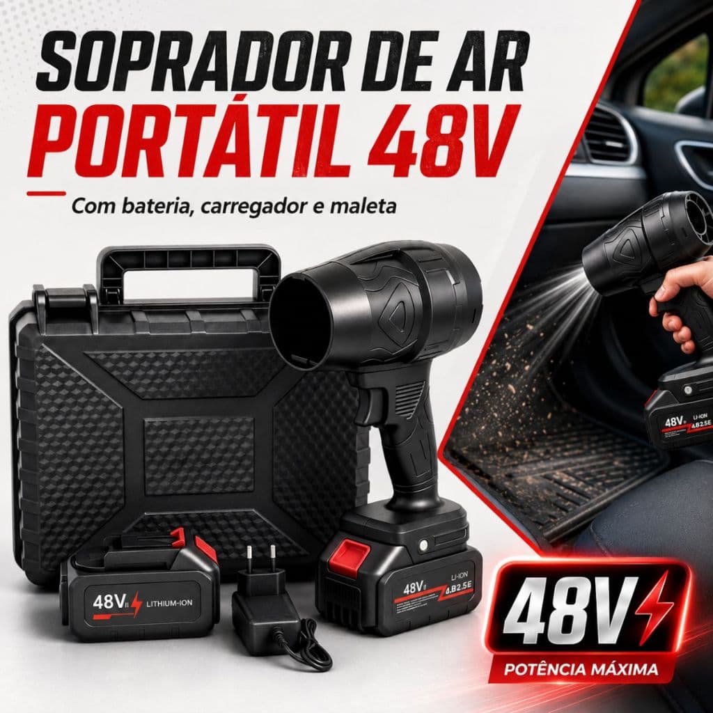 Soprador Turbo Portátil Recarregável 2 Baterias 48V Bivolt Com Maleta Organizadora Limpeza PC