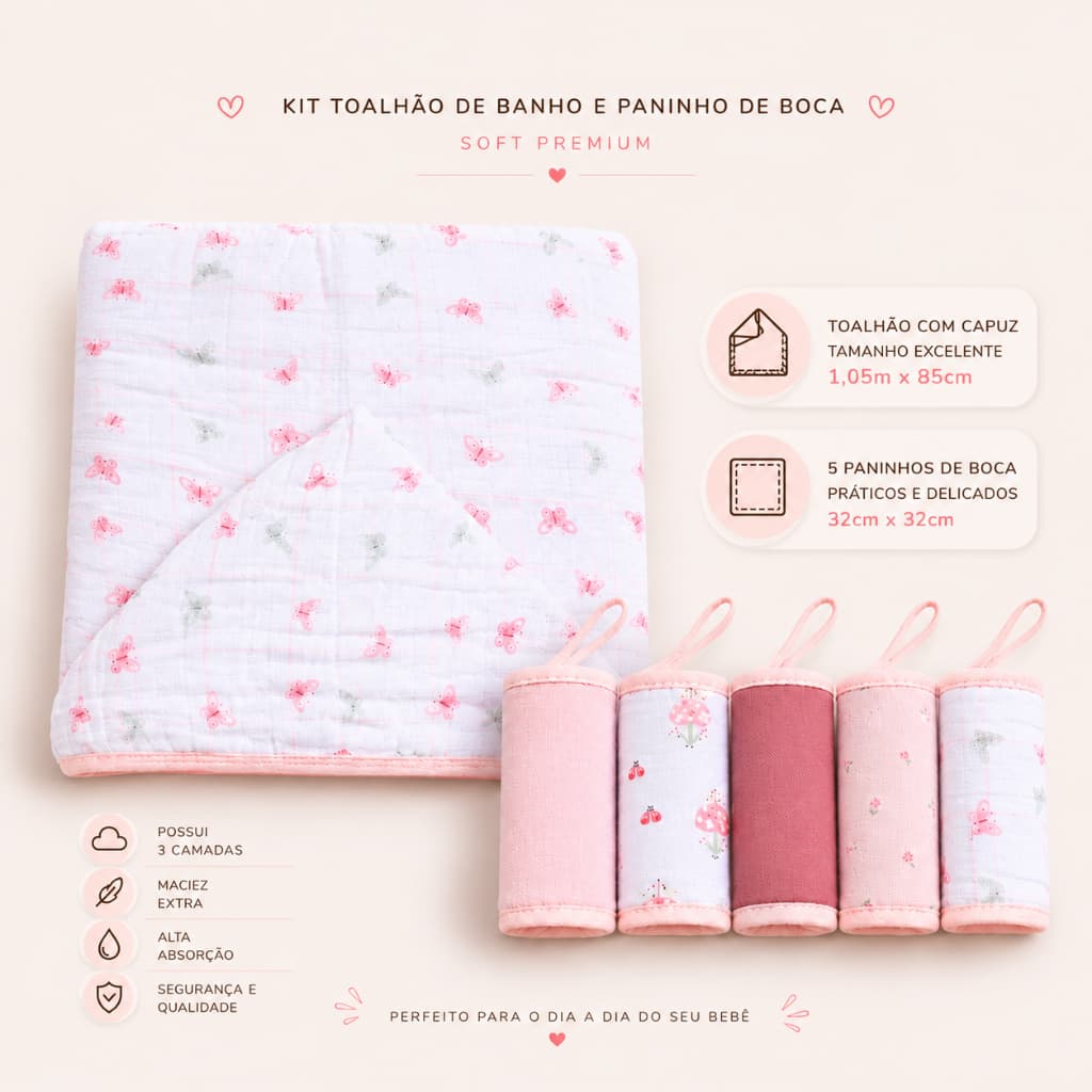 Kit Toalhão com Capuz 1,05m x 85cm + 5 Paninhos de Boca 32cm x 32cm (Encantos Cogumelo) - Papi