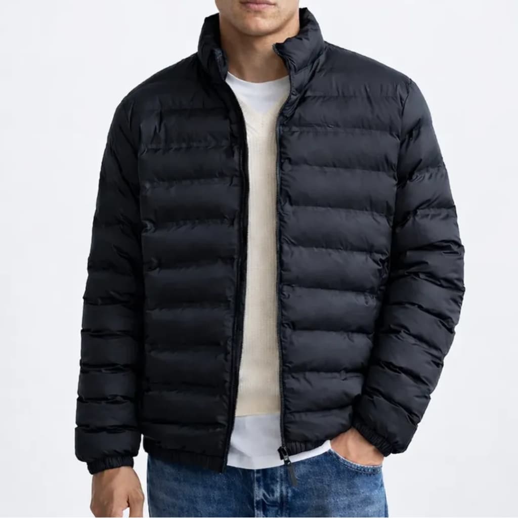 Jaqueta Puffer Masculina Sem Capuz Acolchoada Azul e Preta Adulto Inverno
