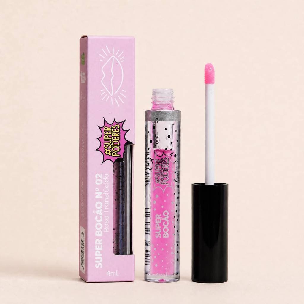 Gloss Labial Super Bocão Rosa Translúcido Super Poderes | Efeito Volume e Hidratação 4ml