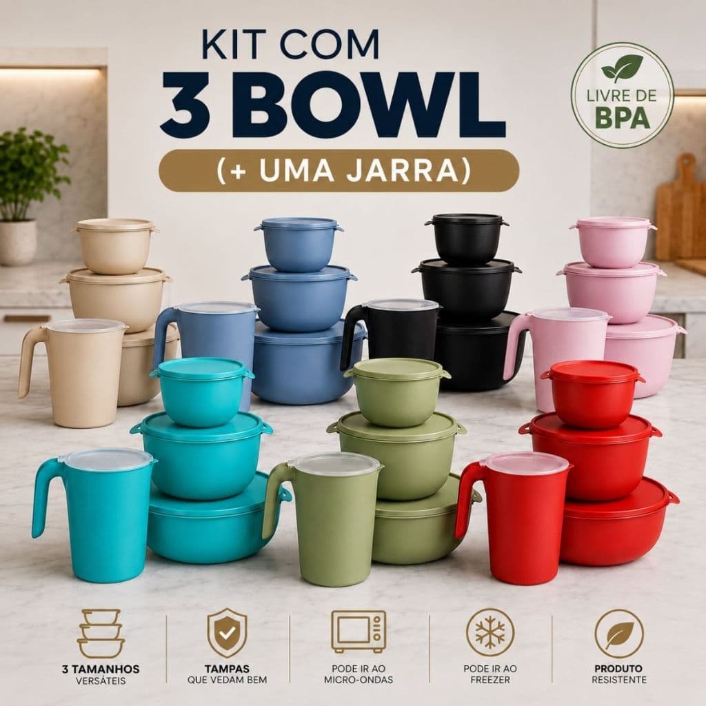 Kit 3 Pote Bowl Redondo Com 1 Jarra Para Suco Plastico Livre Bpa - Armazenar Alimentos