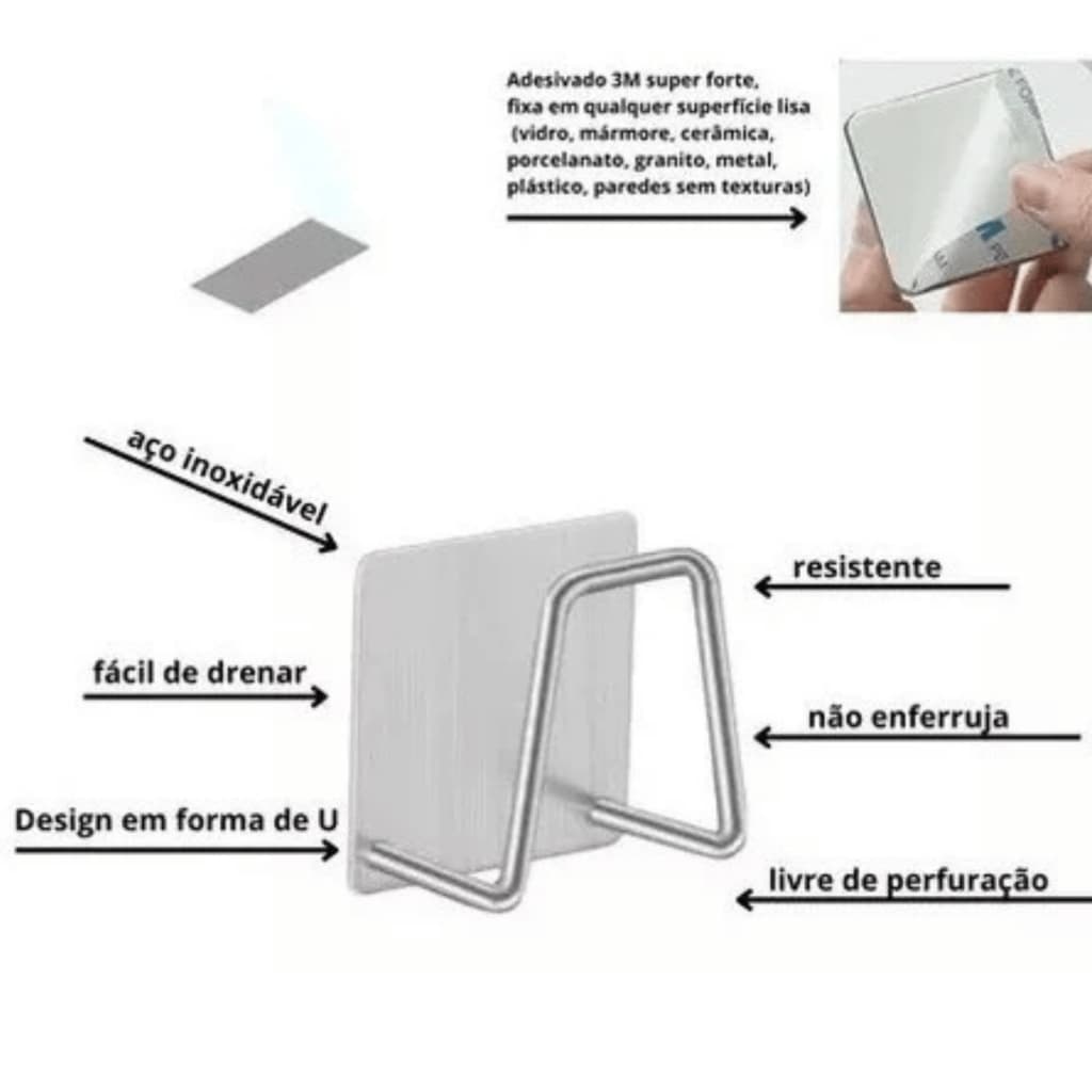 Gancho Adesivo Inox Porta Esponja Bucha Suporte de Pia Parede Cozinha Premium Gancho Adesivo Inox