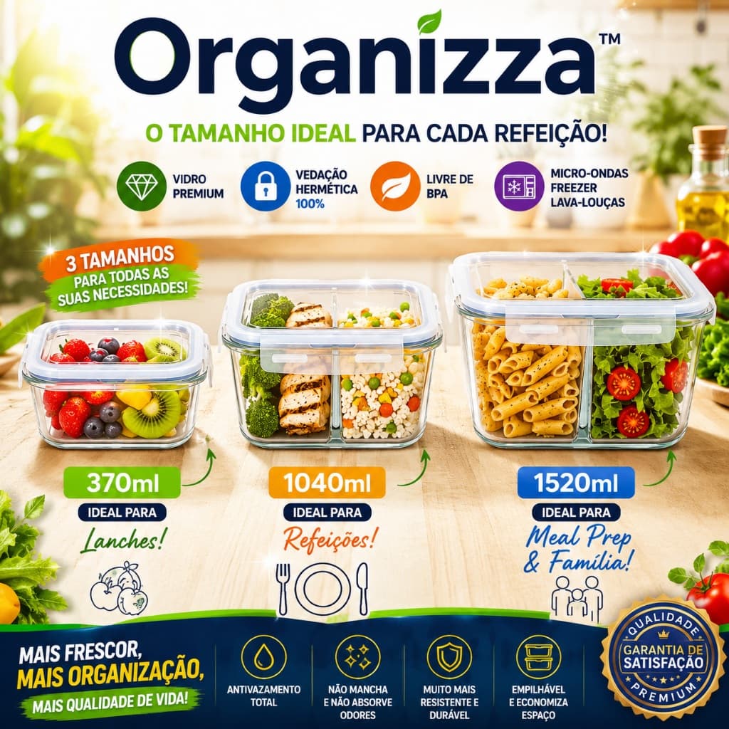 Organizza Pote Hermético Vidro Retangular Divisória 1040/1520ml Tampa Antivazamento Conserva Alimentos