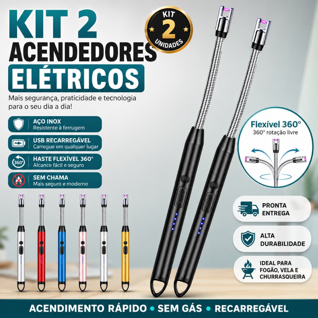 Acendedor de Fogão Plasma Elétrico Recarregável USB Sem Chama Flexível 360°