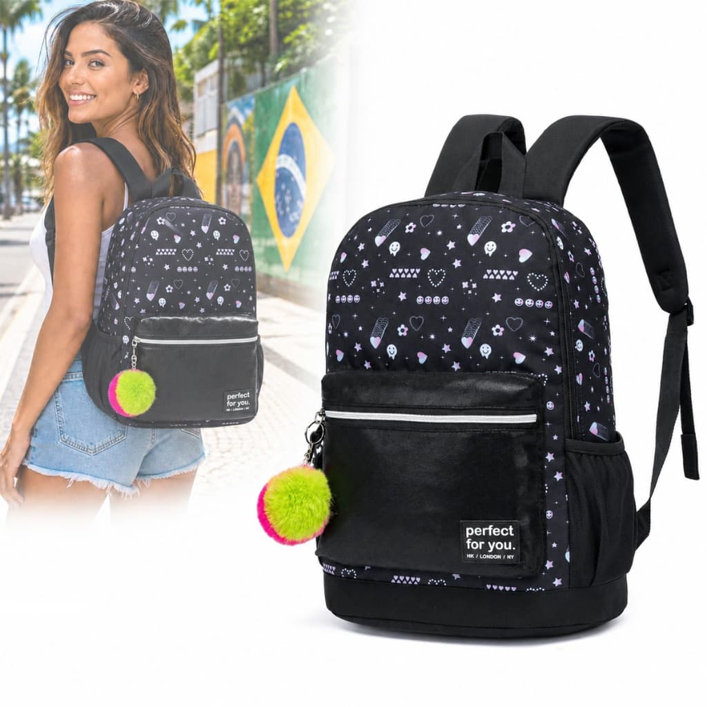 Mochila Feminina Chaveiro Escola Faculdade Reforçada Bolsos Laterais Notebook Perfect For You