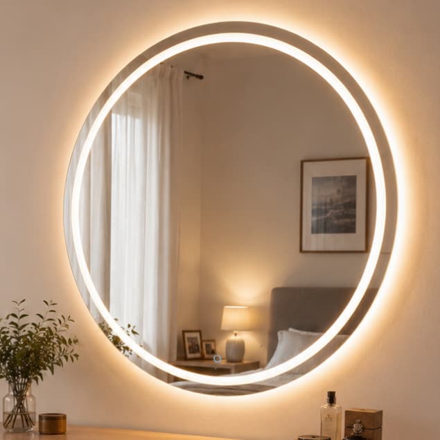 Espelho Grande Redondo 50x50cm Jateado com LED Mais Forte de 3 Cores com Touch Banheiro Lapidado