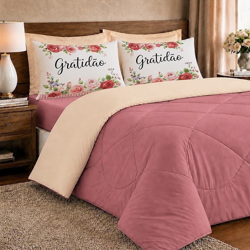 KIT EDREDOM CASAL QUEEN ESTAMPADO ( GRATIDÃO ) DUPLA FACE 05 PEÇAS PROMOÇÃO - ROSE COM PALHA