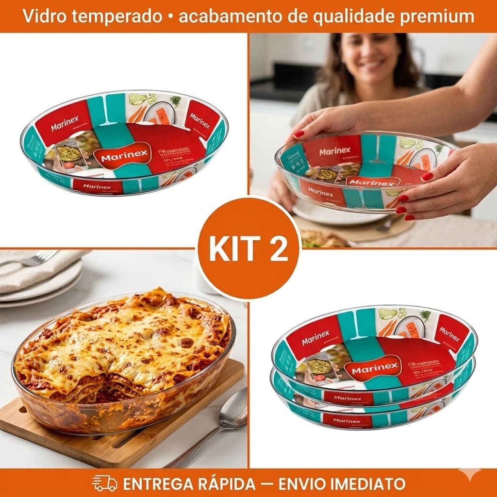 Kit Jogo de 2 Assadeiras Oval Marinex de Vidro Transparente Temperado Lasanheira Refratário 3,2L Sobremesa