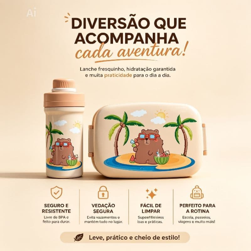 kit marmita e garrafa infantil capivara