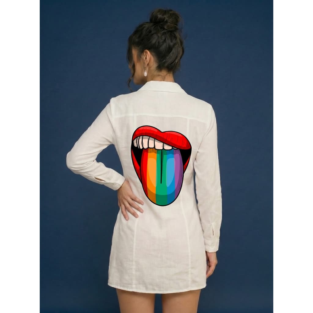 Camisão Feminino Chemise Linho Branco Lgbt Orgulho Estampa Costas Vestido Curto Tipo Camisa Alfaiataria Blusa Casual