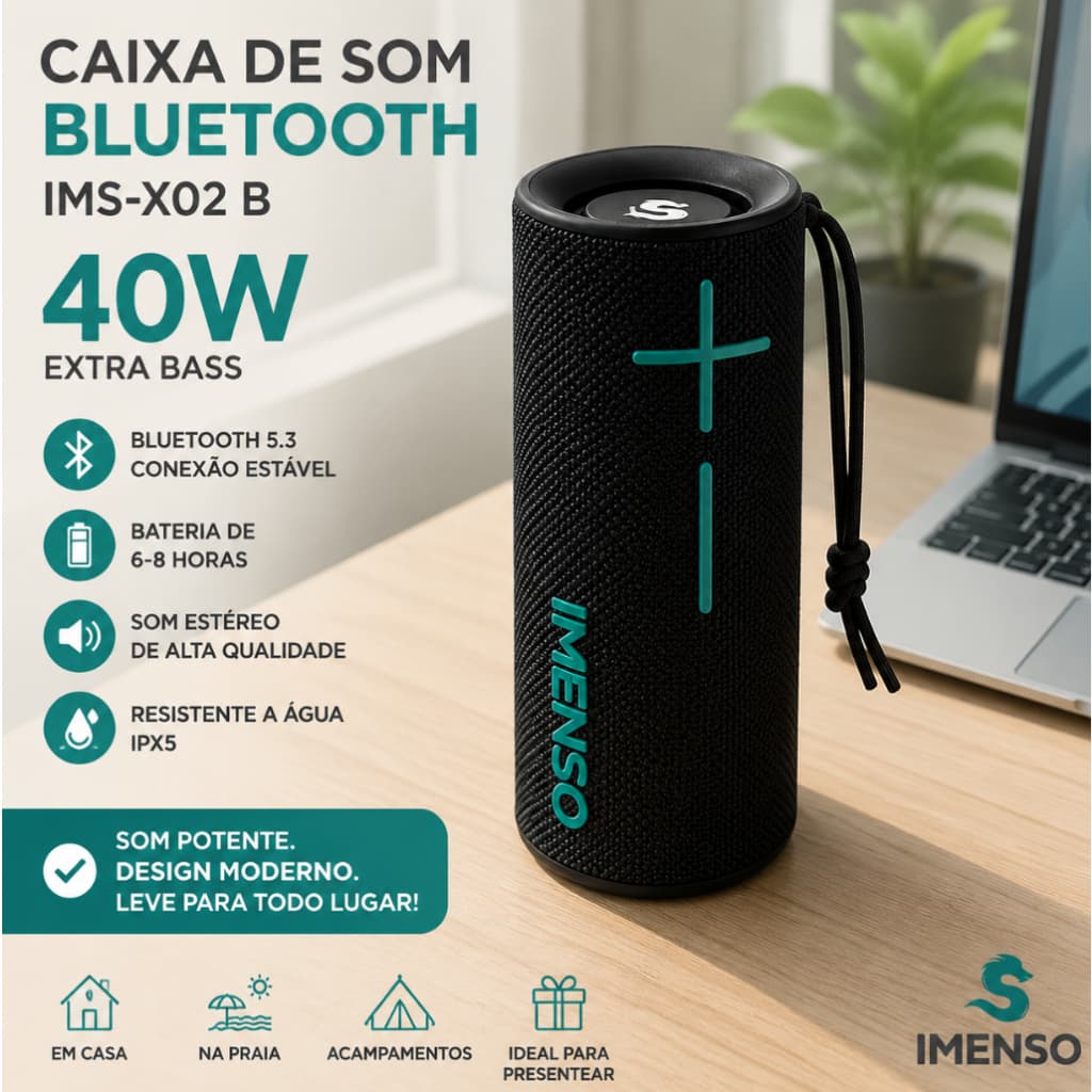 Caixa De Som 40W Bluetooth V5.3 IPX5 Resistente a Respingos 6-8 Horas IMENSO IMS-X02B