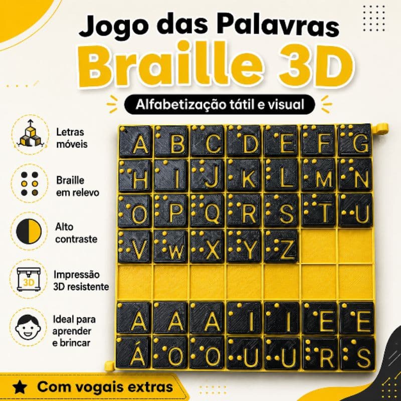 Jogo das Palavras Braille 3D com Teclas Móveis e Vogais Extras Educativo Inclusivo