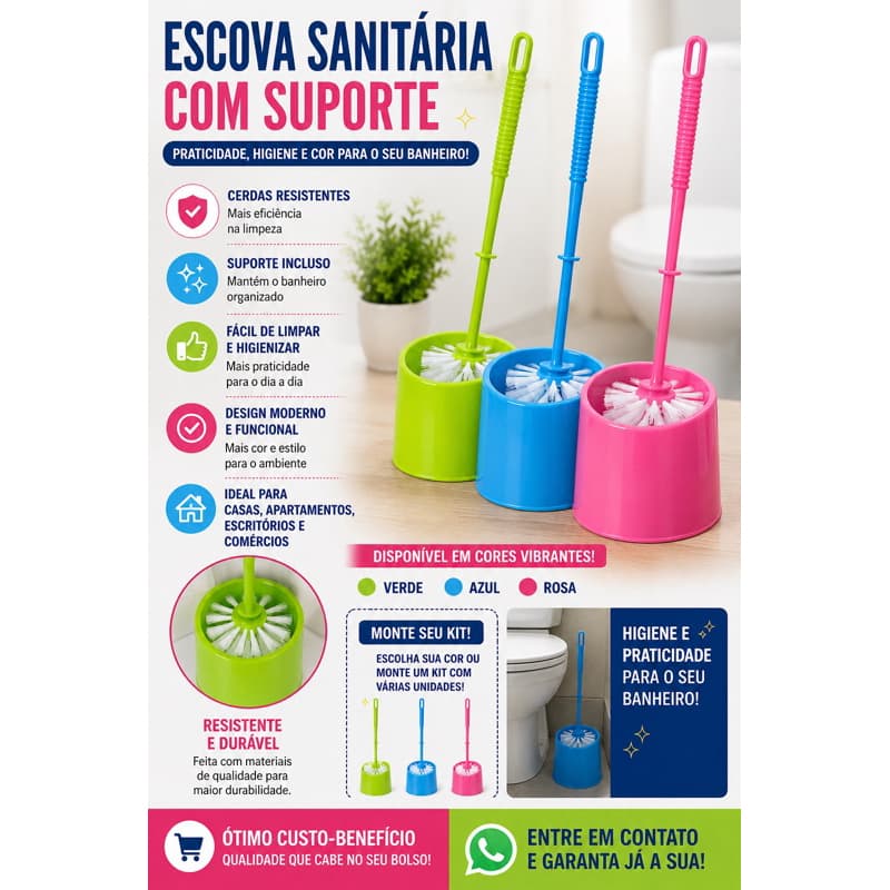 Kit 3 Escova Sanitaria Plastica Banheiro 31x9cm