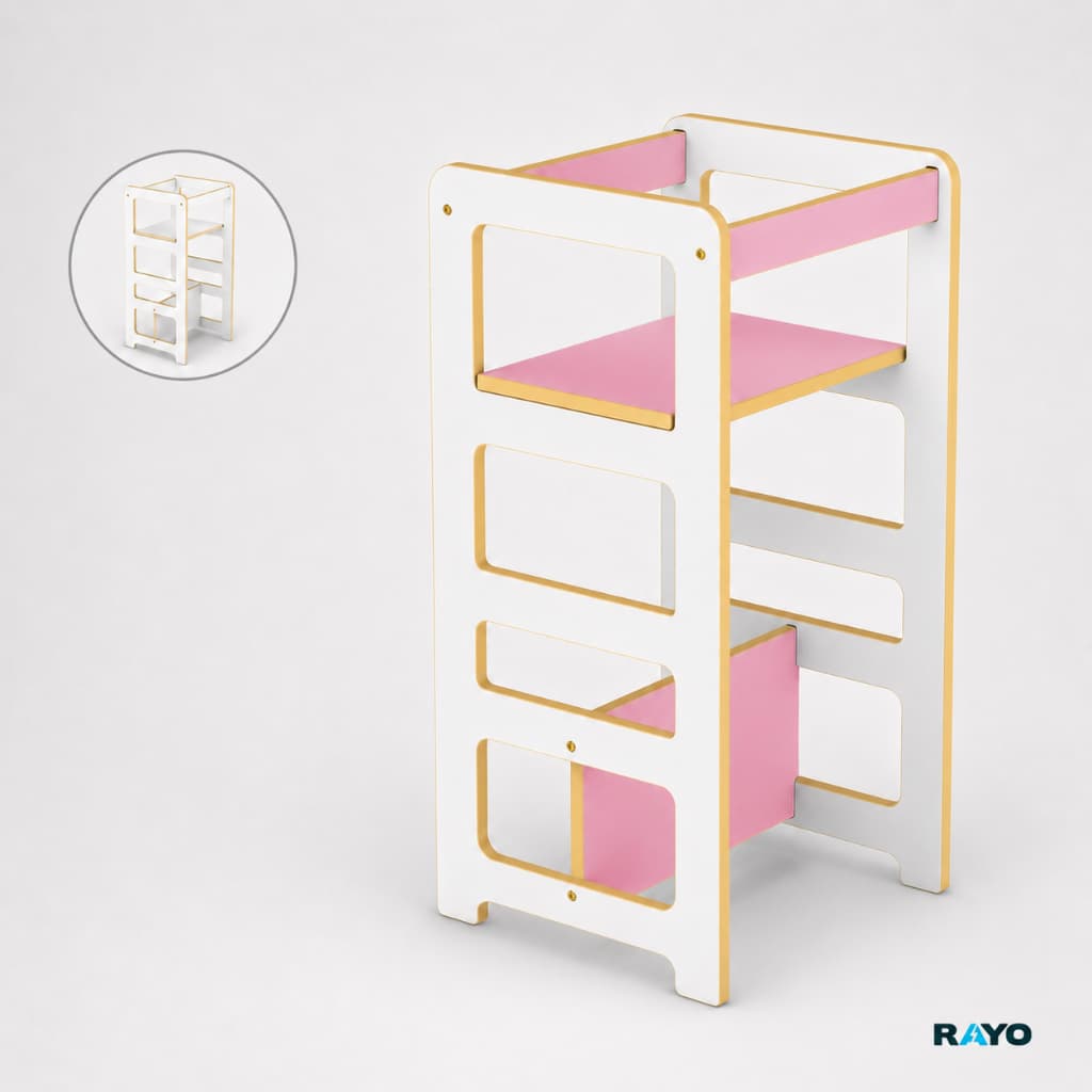 Torre de Aprendizagem Montessori 4 em 1 andares Mesinha e Cadeirão de Madeira Junges