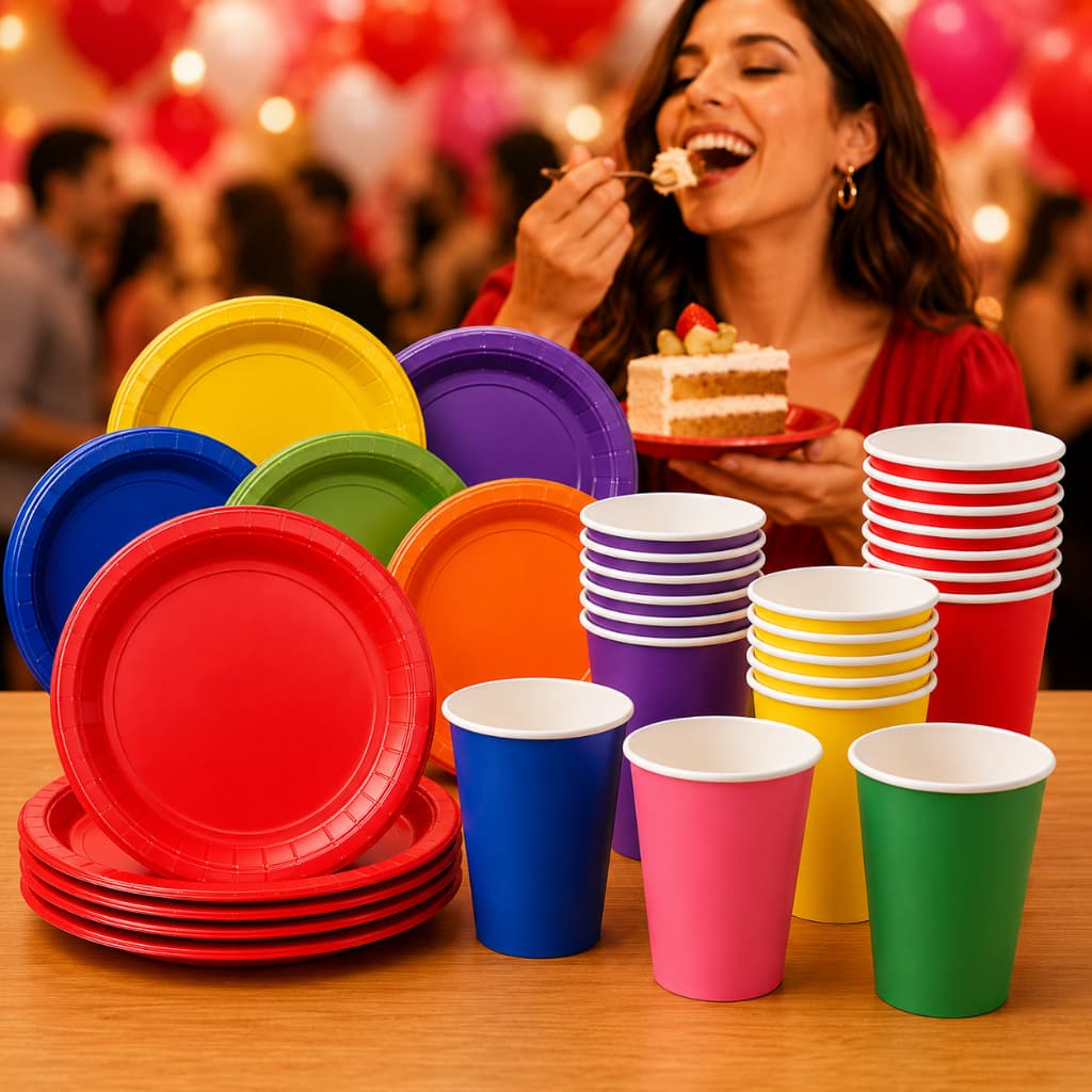 KIT COPOS PRATOS DESCARTÁVEIS PAPEL LISO COLORIDO Festas Aniversários Eventos Comemorações