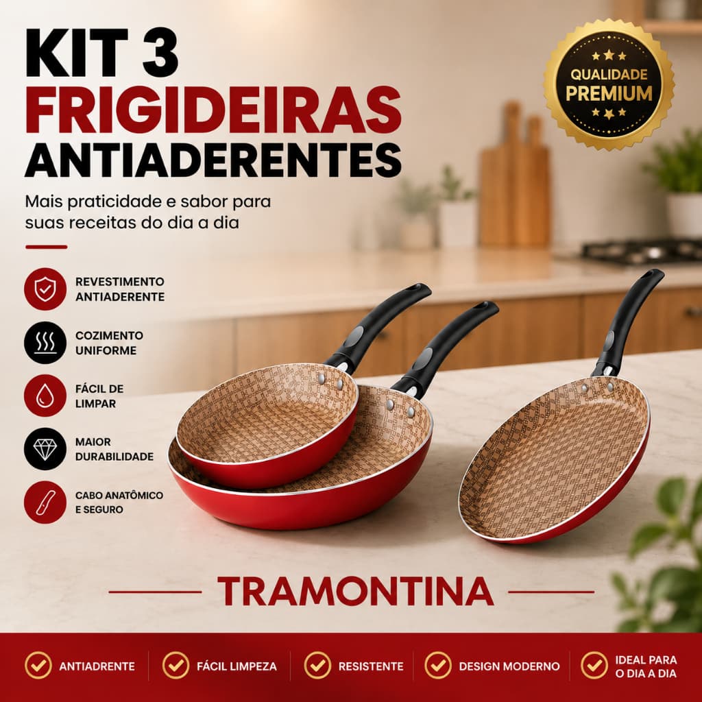 Kit Frigideiras + 1 Tapioqueira Antiaderente Tramontina Turim não gruda 3 unidades