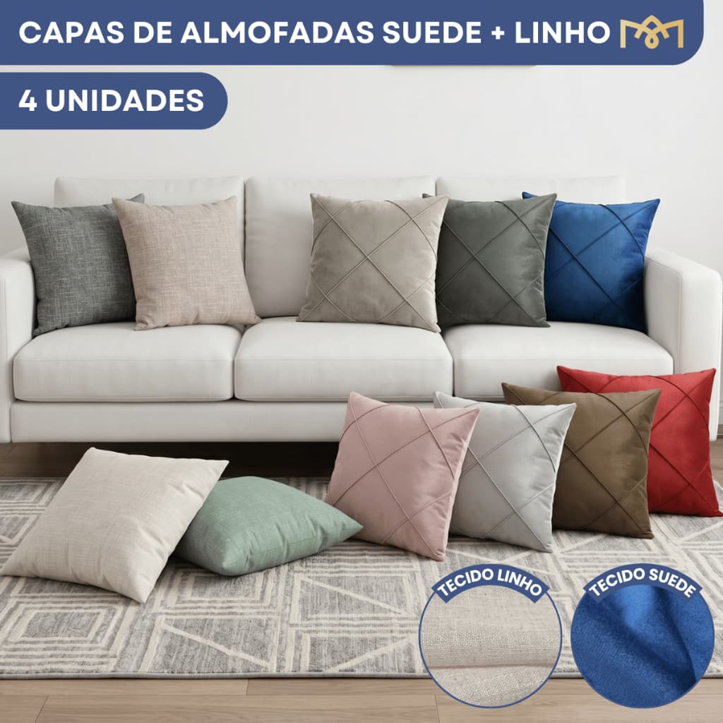 Kit 4 Capas de Almofada Linho + Suede Toque Macio Acabamento Sofisticado E Elegância Premium