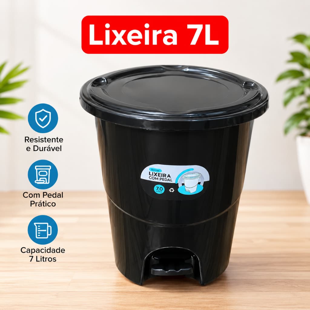 Lixeira 7 Litros Com Pedal e Tampa Preta Para Casa Escritório Banheiro Cozinha Plástico Resistente