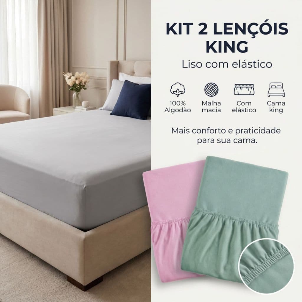 Kit 2 Lençol King Com Elástico Adulto Liso De Malha Macia Roupa De Cama 100% Algodão