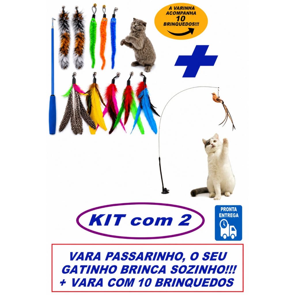 KIT 2 Brinquedos Vara Pássaro + Varinha retrátil 11 peças Pet Brincar com tutor estimação Gato Cão