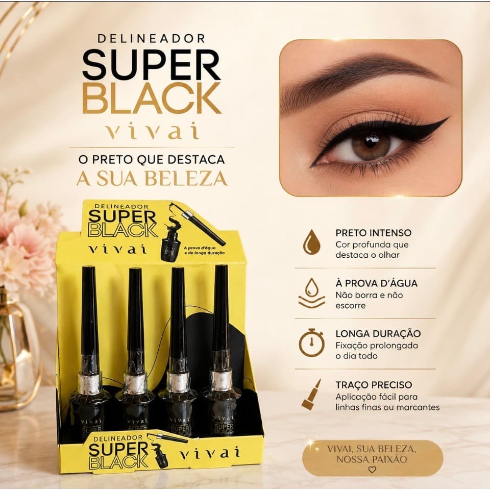 Delineador Líquido Super Black Vivai Preto Intenso À Prova D'àgua Alta Fixação