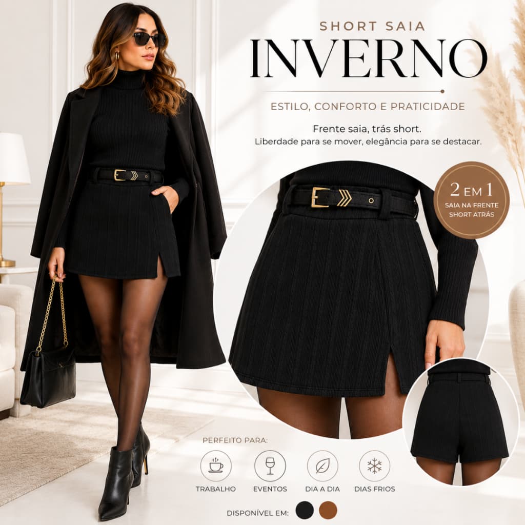 Short Saia Alfaiataria Feminino com Cinto Ajustavel Elegância e Conforto
