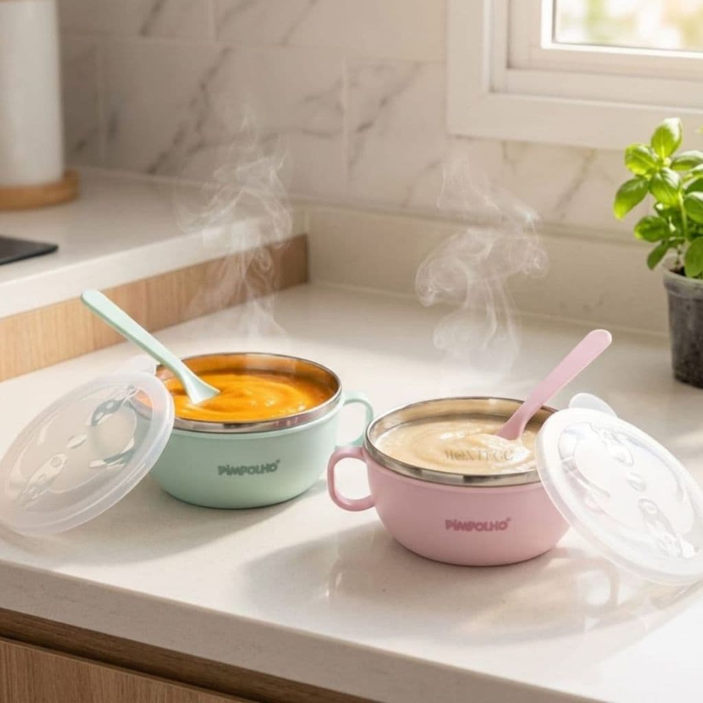 Pimpolho Tigela Infantil Inox Tampa Colher 300ml Bebês Introdução Alimentar Menino Menina Prato BLW