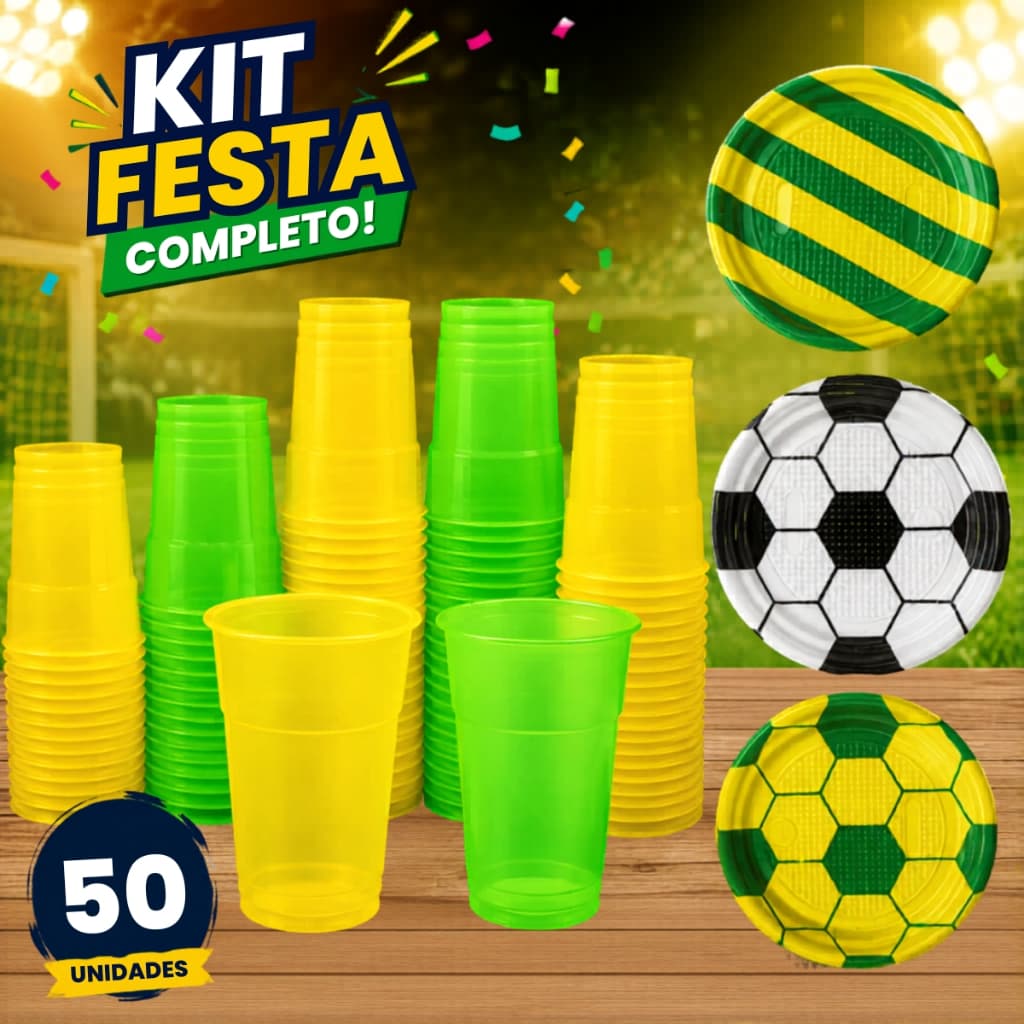 Kit Copo Descartável 300ml Neon E Prato 15cm Bola De Futebol Verde Amarelo Torcedor Brasil BR