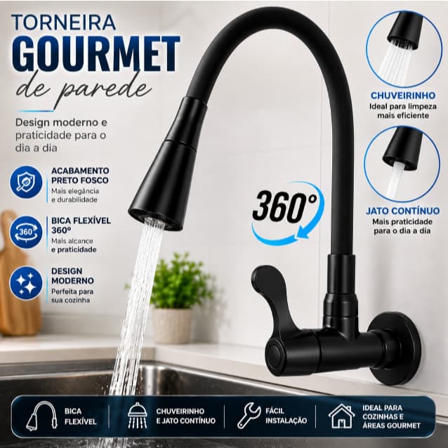 Torneira Flexivel Gourmet - 360 graus DATTEN Preta