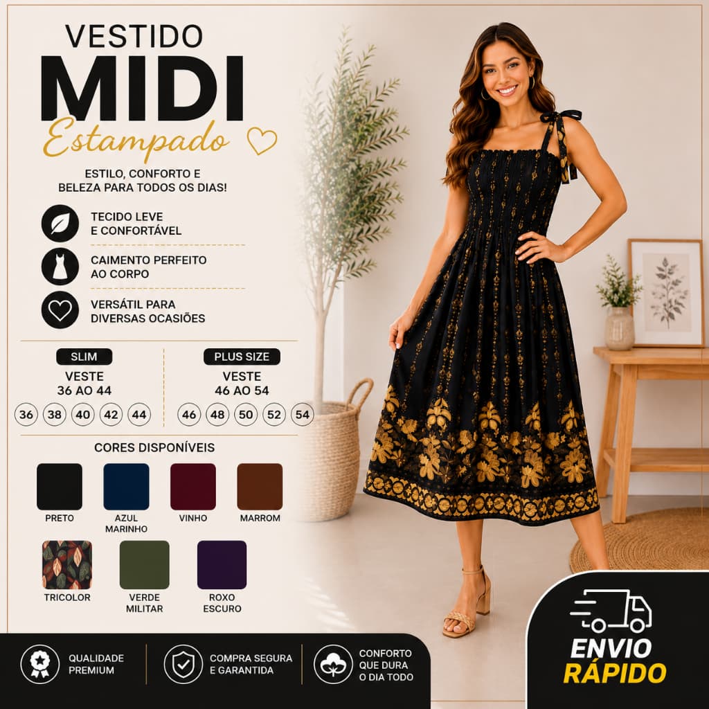 Vestido Midi Estampado com Alça de Amarração ajustável e Lastex no Busto Moda Feminina Elegante